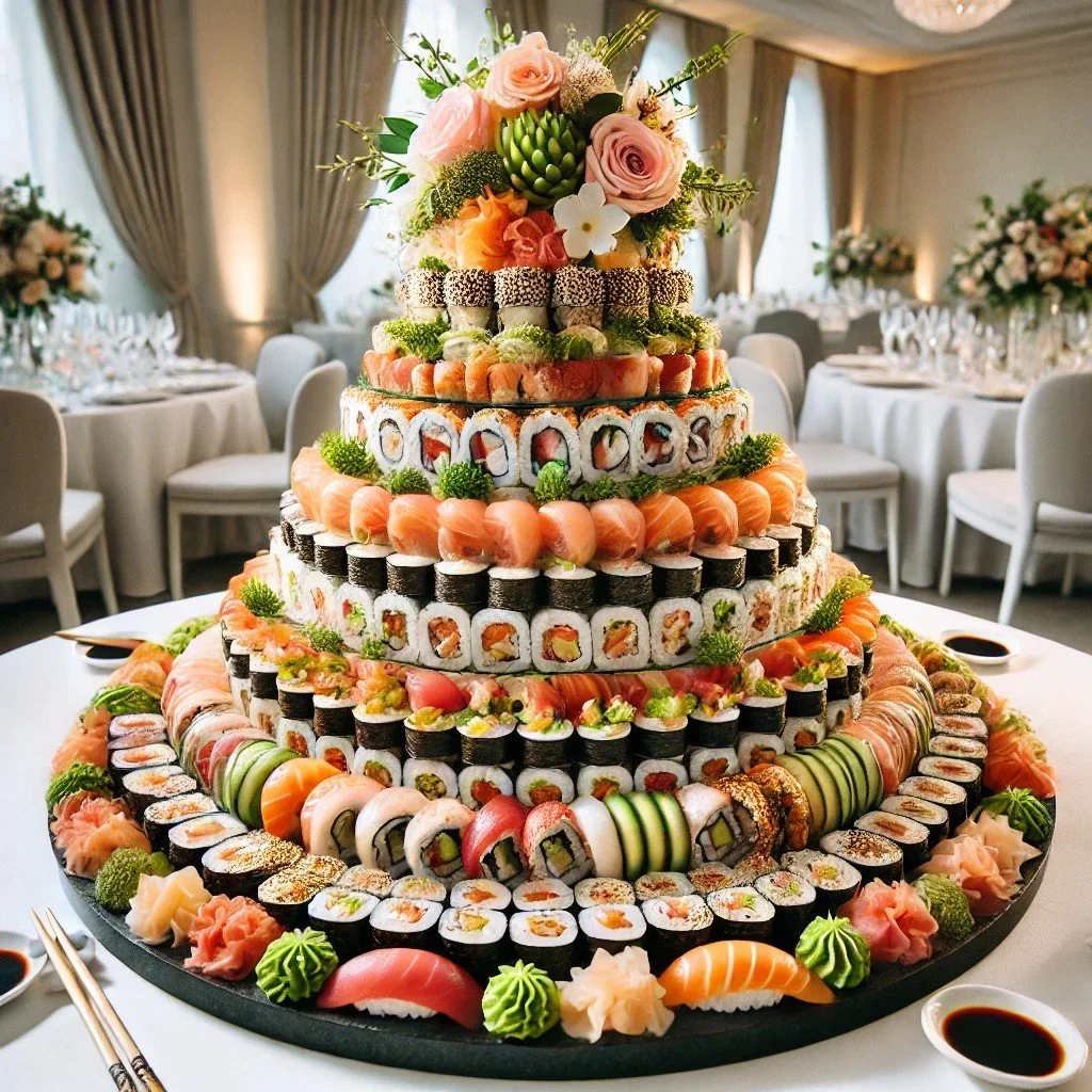 sushi decorated to be like a wedding cake
