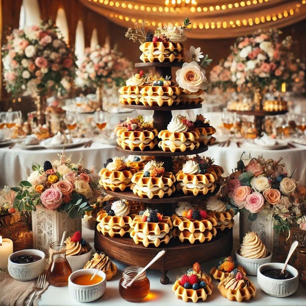 waffle stacks put on a multi layer cake stand as a wedding cake alternative
