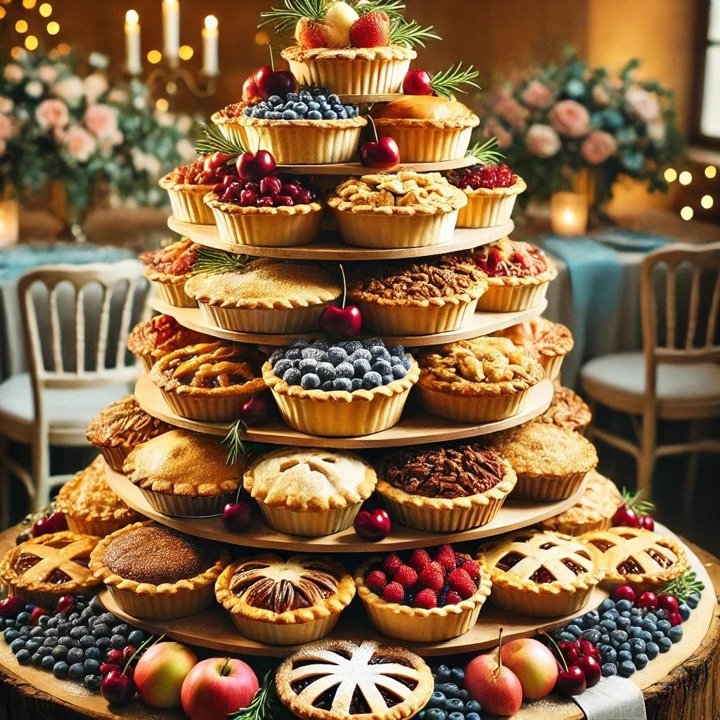 fruit pies placed into a tower stack for a wedding display