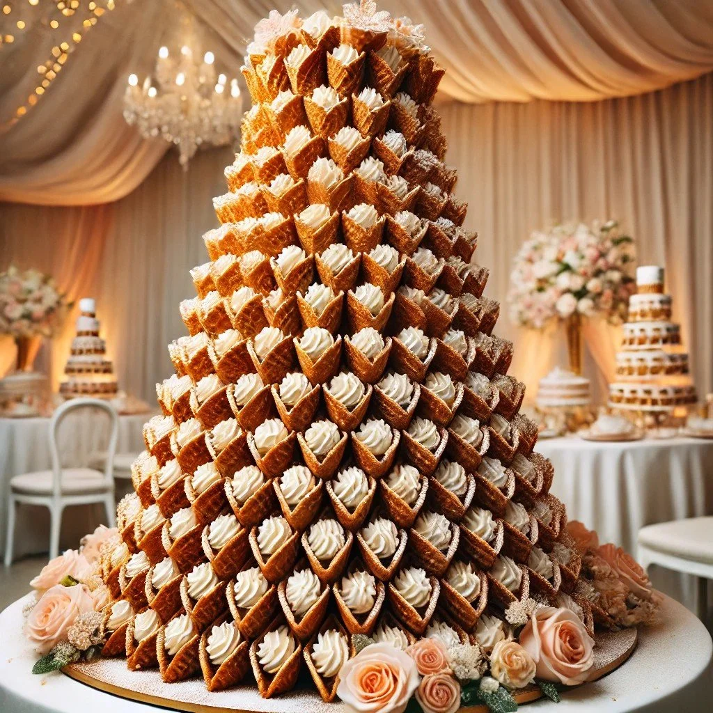 brandy snaps used as a wedding cake alternative