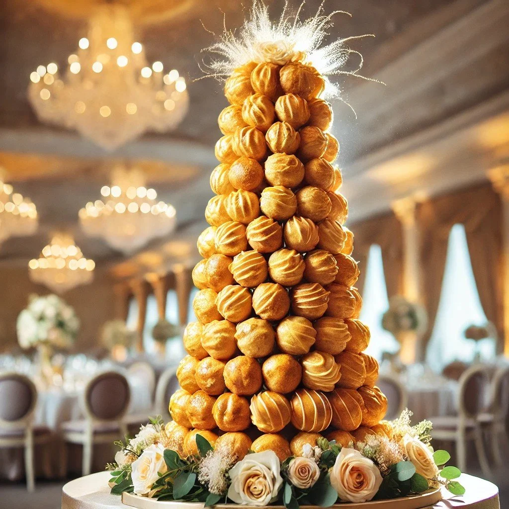 profiteroles in a pyramid for wedding cake alternative