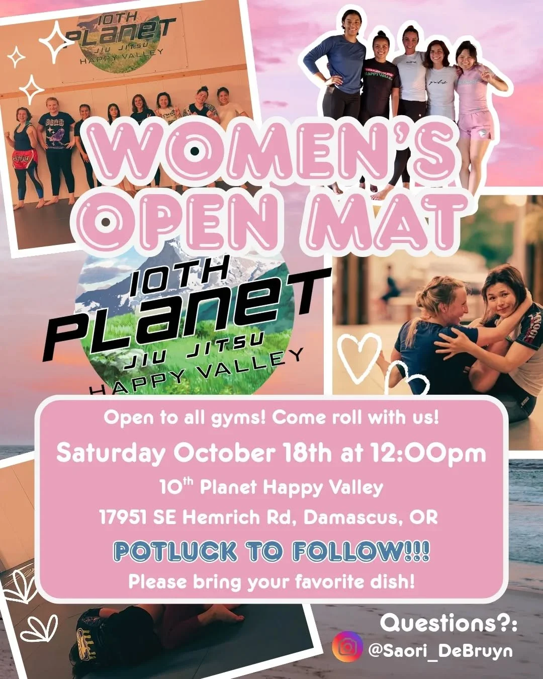 LADIES!!! @10thplanethappyvalley is hosting a WOMEN'S OPEN MAT on October 18th at 12:00pm. This is a chance for jiu jitsu ladies in the area to roll and connect. Afterwards... we feast! If you are able, please bring your favorite dish to share!

Plea
