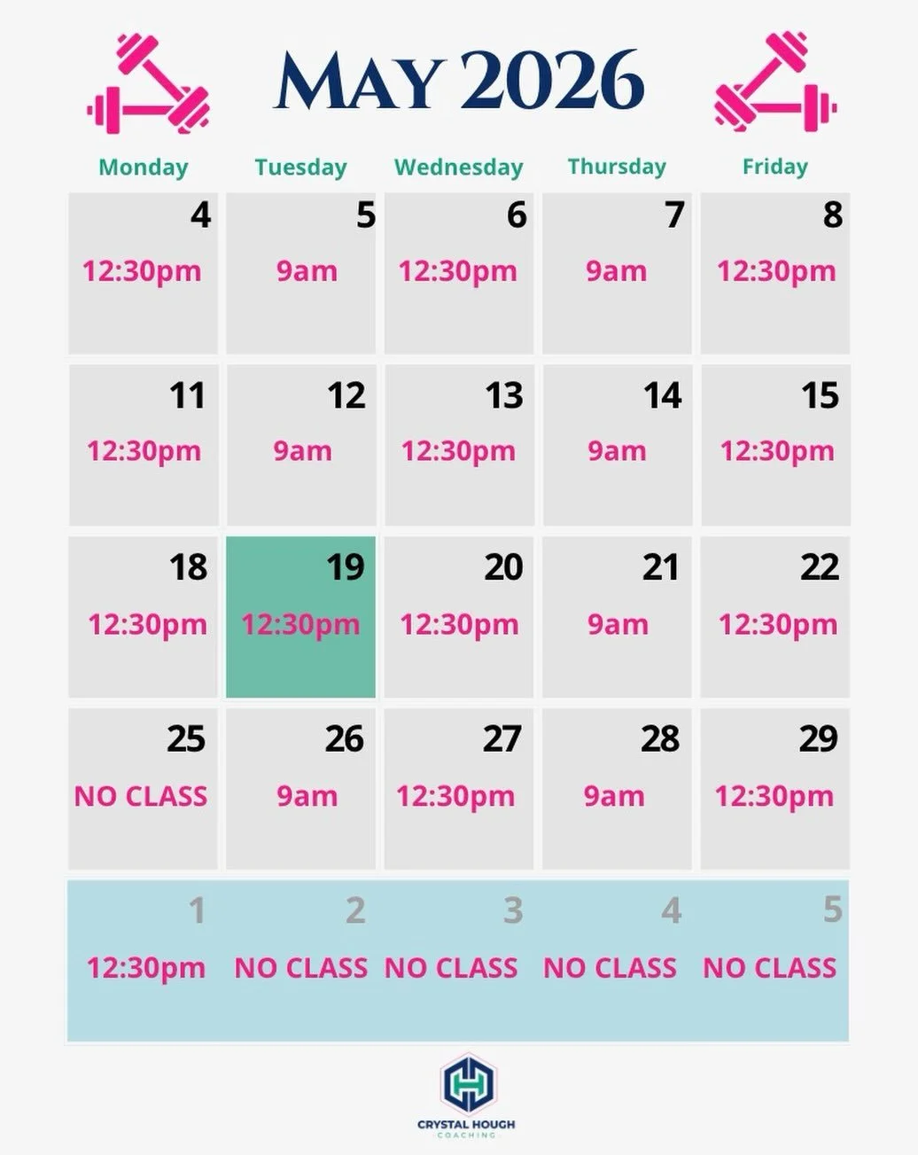 May LiftStrong Calendar is here 💪

Last month before we shift into our summer schedule&mdash;so let&rsquo;s make it count.

A few key updates:
&bull; No class on Memorial Day
&bull; Tuesday, May 19 &rarr; class moves to 12:30pm (instead of 9am)
&bul