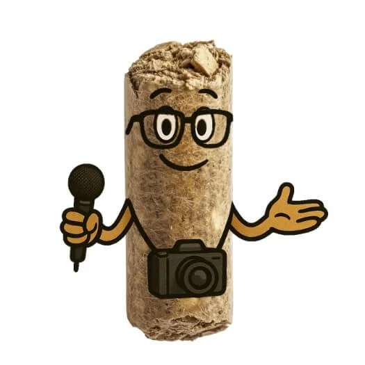 Mascotte Melia en forme de granulé de bois, invitant à contacter notre équipe.