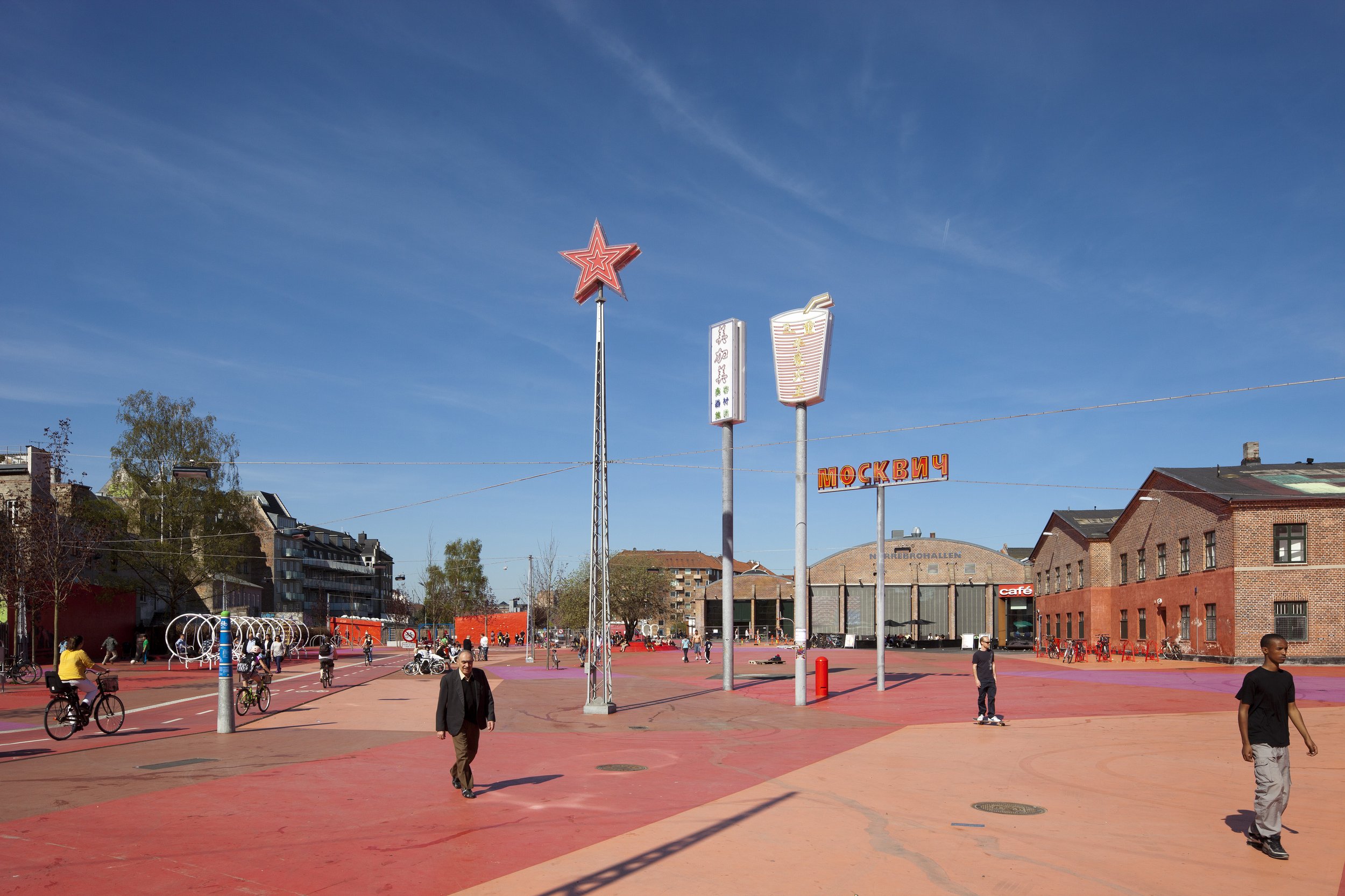 Superkilen, 2012. Urban park in Copenhagen. Red Square. Commissioned by City of Copenhagen and RealDania. Developed in close collaboration with Bjarke Ingels Group (BIG) and Topotek1. Photo: Torben Eskerod.
