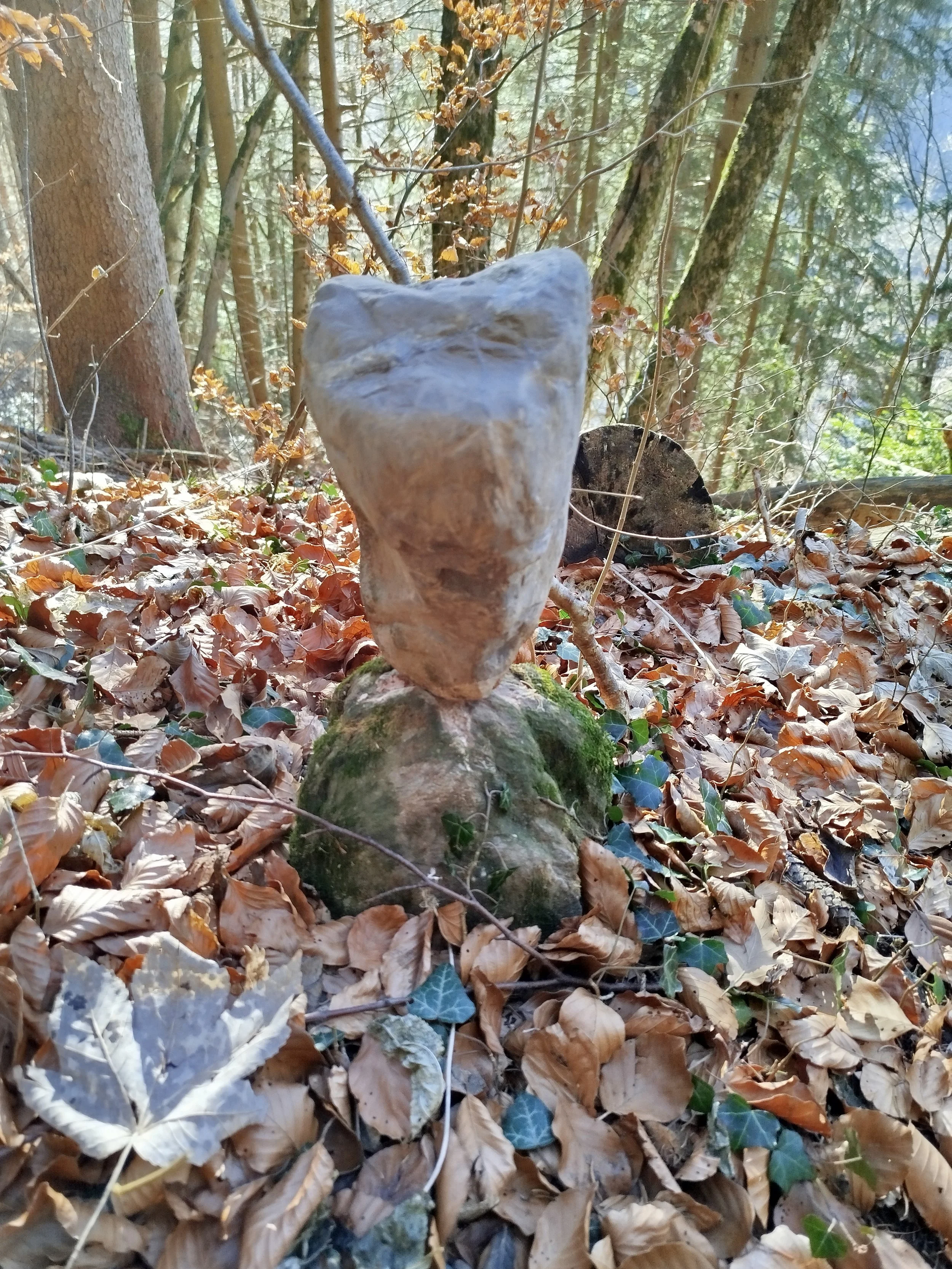Des pierres empilées l'un sur l'autre, (Landart) se trouventdans une forêt avec beaucoup de feuilles mortes au sol.