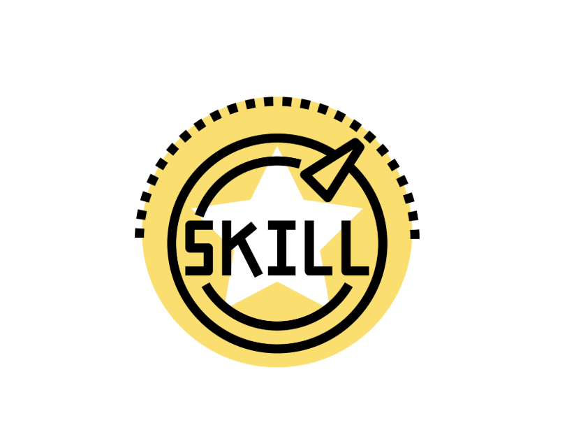 Icon with a yellow circle, black clock-like outline, white star in the center, the word 'SKILL' across the star, and an arrow pointing at the star indicating progress or achievement.