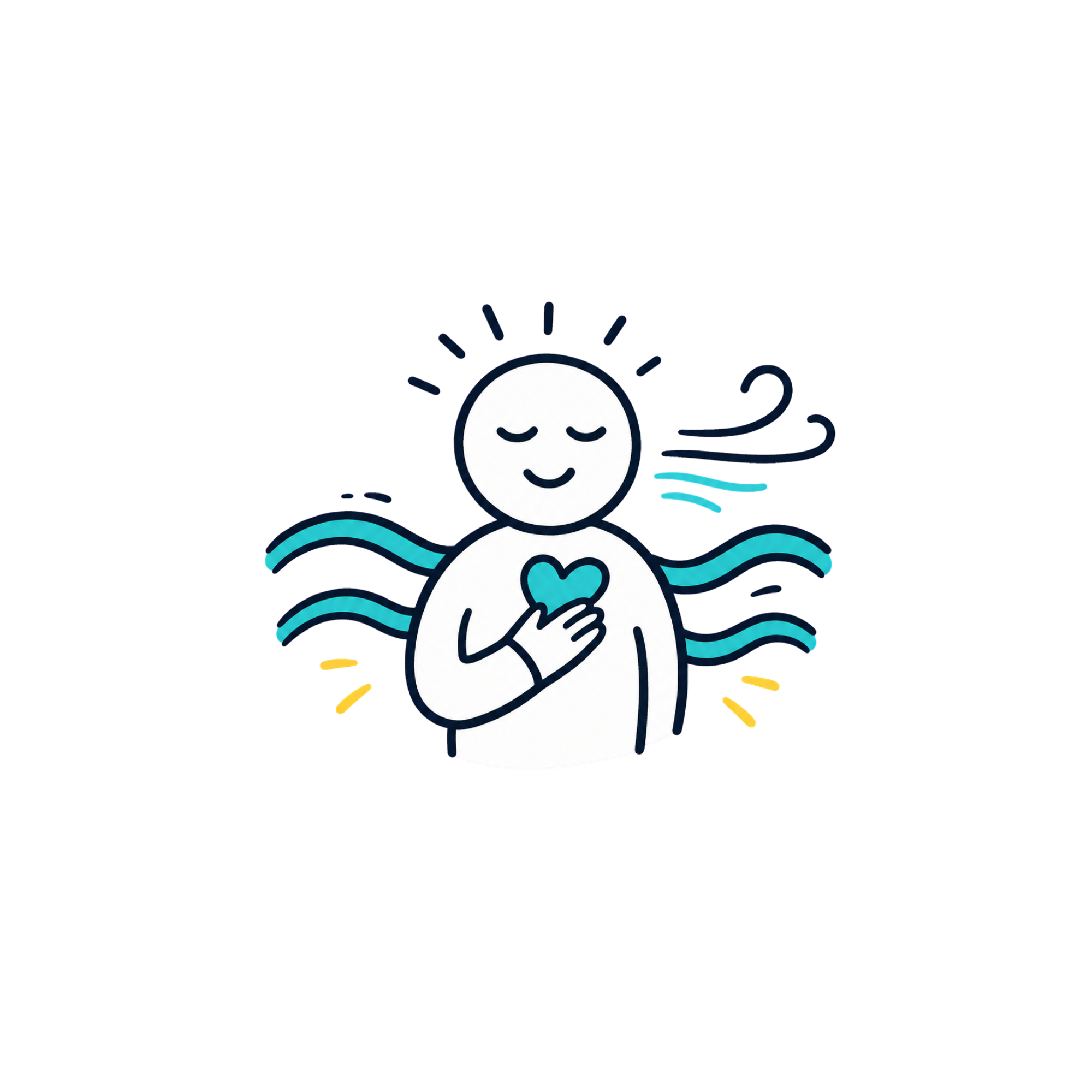 Drawing of a serene, smiling snowman with hands over heart, surrounded by blue waves, with a bright, happy sun overhead.