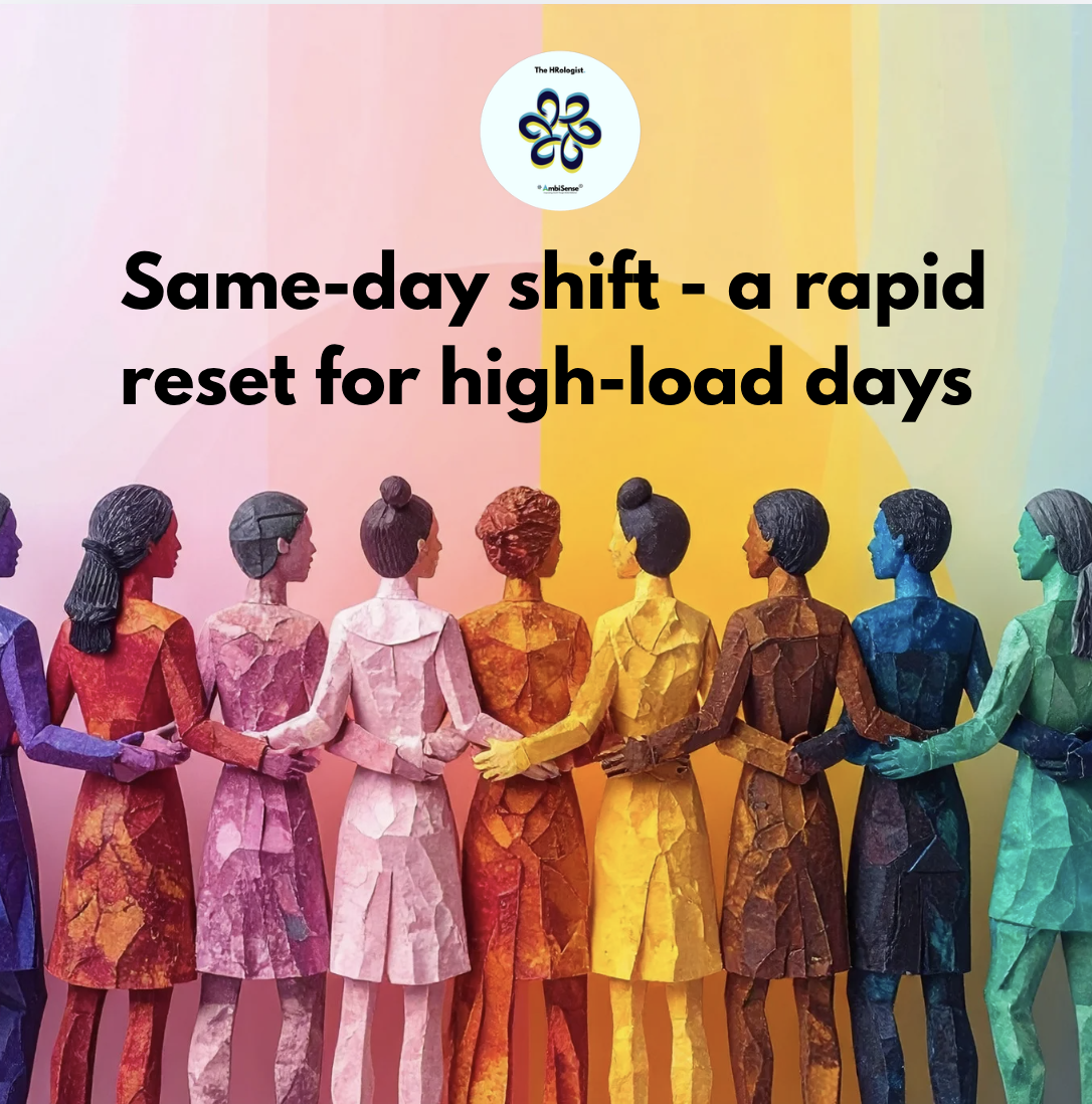 Colorful paper art statues of women in a line, with hands on each other's shoulders, against a rainbow background with the text 'Same-day shift - a rapid reset for high-load days,' and a logo at the top.