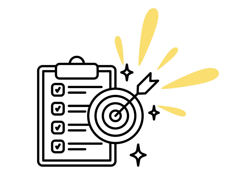 A checklist on a clipboard with a bullseye target and an arrow hitting the center, surrounded by yellow lines and star-like sparkles, symbolizing goal achievement or success.