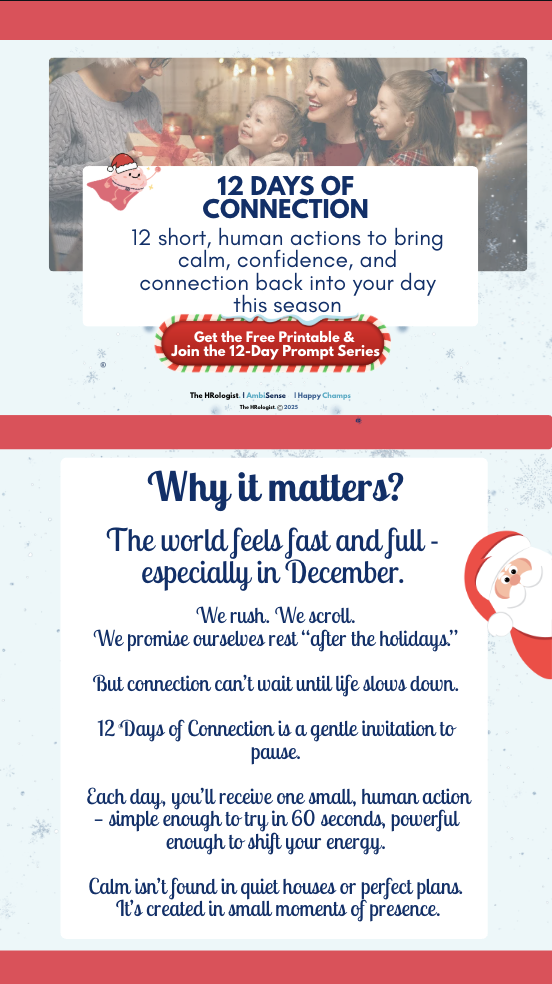 A holiday-themed poster titled "12 Days of Connection" featuring a group of smiling people and a Santa illustration. The poster offers 12 short human actions to foster calm, confidence, and connection during the holiday season, emphasizing small moments of presence.