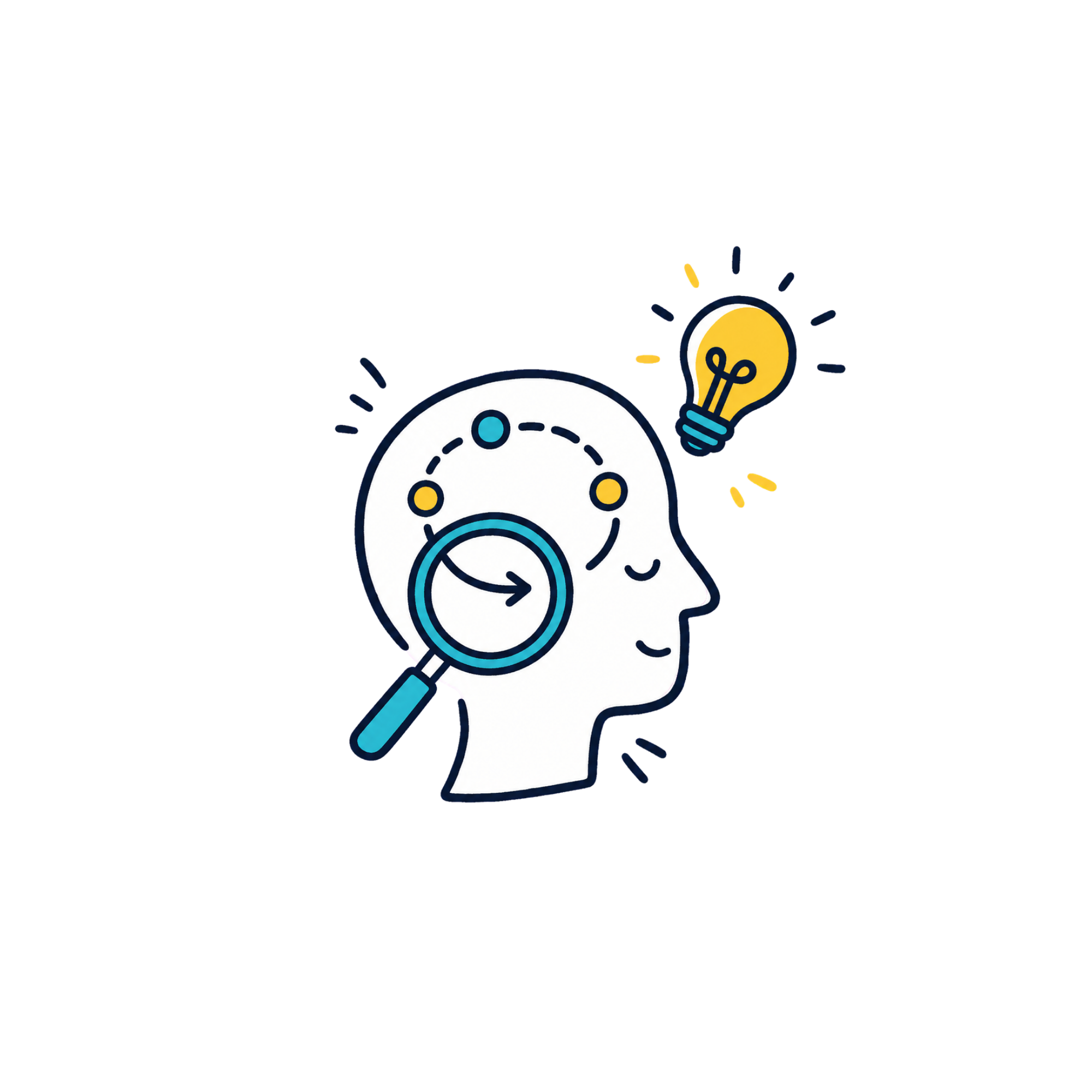 Illustration of a brain with a clock and a magnifying glass, symbolizing ideas, research, or analysis.