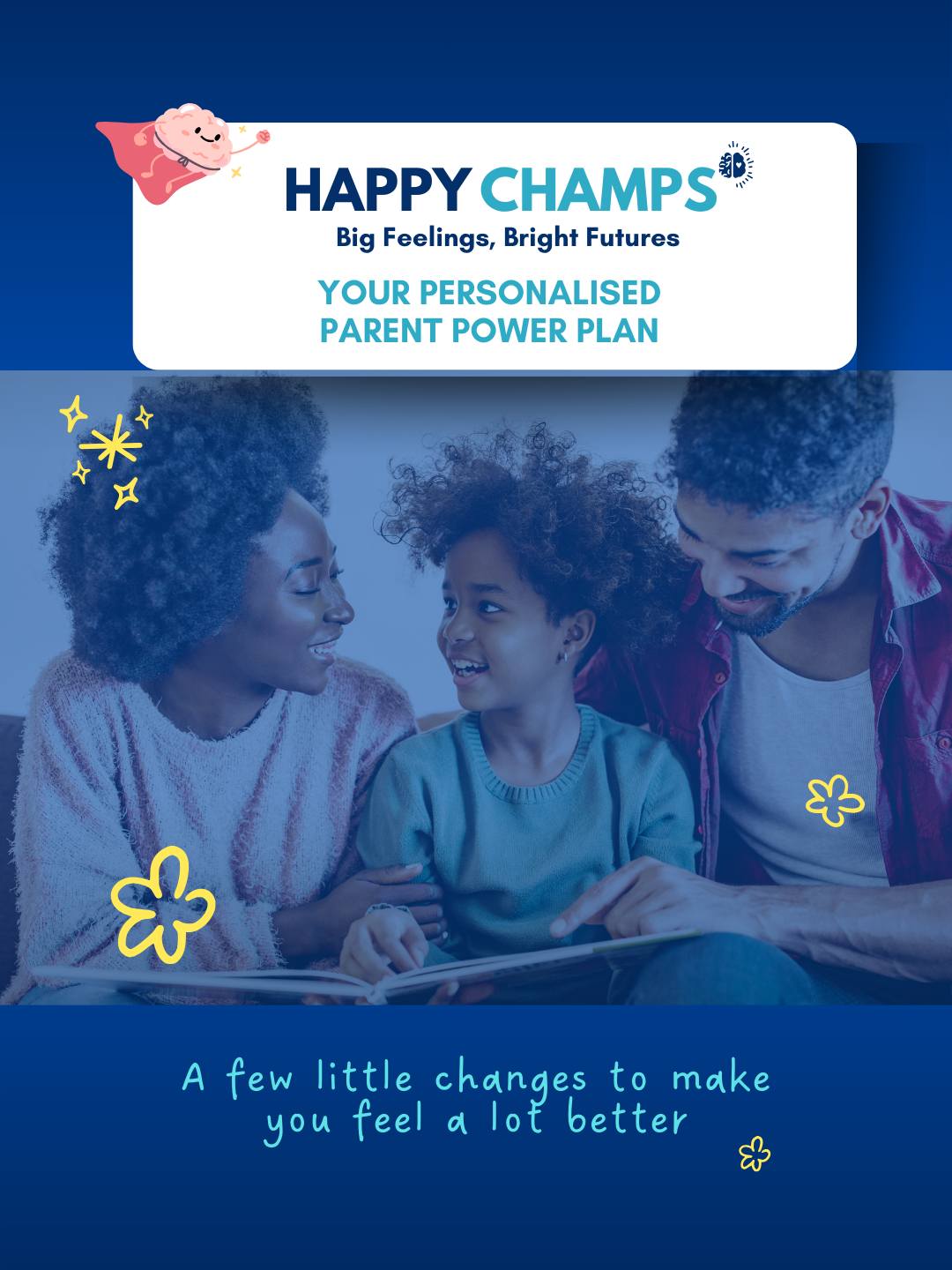 Cover of a parenting guide titled "HAPPY CHAMPS" with a subtitle "Big Feelings, Bright Futures" and "Your Personalised Parent Power Plan." The cover shows a smiling family of three, with the mother and father talking to their young daughter, all smiling and engaging with each other. There are decorative yellow flowers and sparkles, with a cartoon brain character wearing a pink cape in the top left corner.