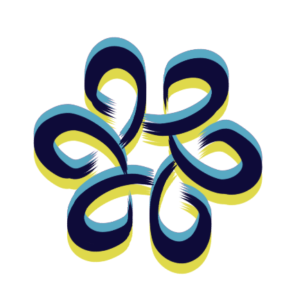 Abstract design resembling a flower with blue, yellow, and black colors and looping petal shapes.