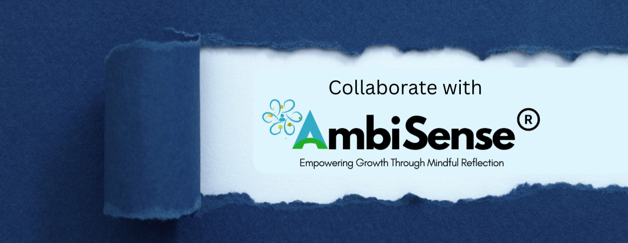 Torn blue paper revealing a logo for AmbiSense with the slogan 'Empowering Growth Through Mindful Reflection'.
