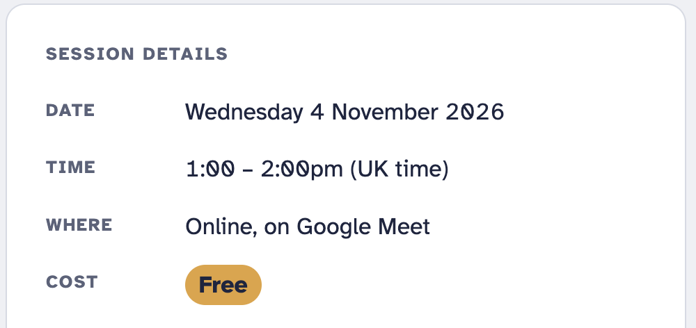 Session details with date, time, location, and cost, displayed on a digital interface, with the word 'Free' highlighted in yellow.