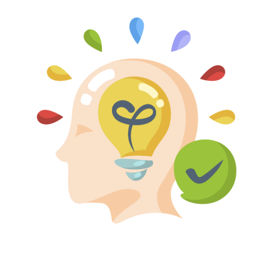 A conceptual illustration of a person's head with a light bulb inside the brain area, surrounded by colorful abstract shapes, and a green checkmark symbol.