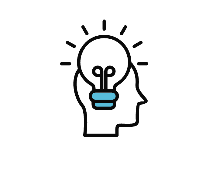 Illustration of a human head with a light bulb inside, symbolizing ideas or creativity.