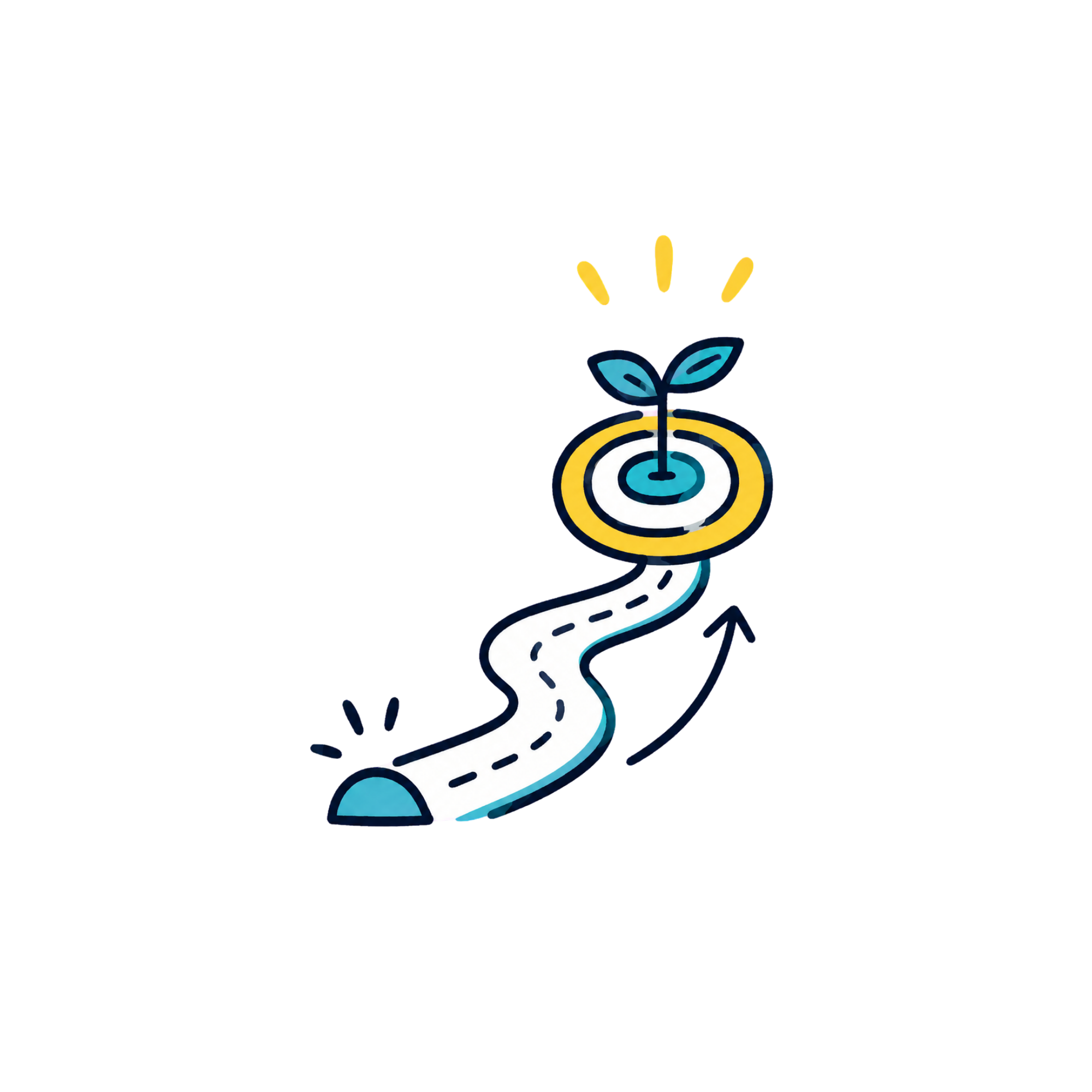 A colorful illustration of a winding path leading to an abstract flower with petals in blue and leaves, with concentric circles at the bottom.