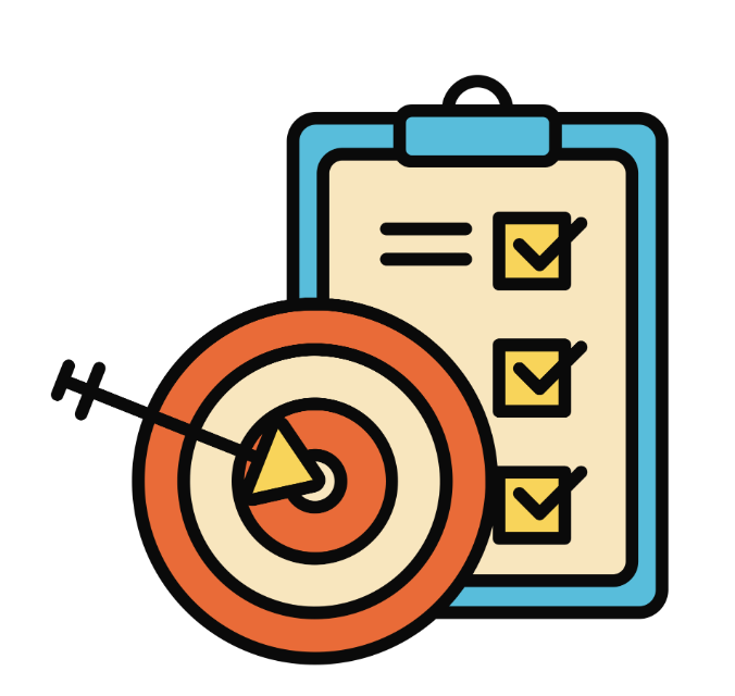 Checklist on a clipboard with three checked items and a target with an arrow hitting the bullseye.