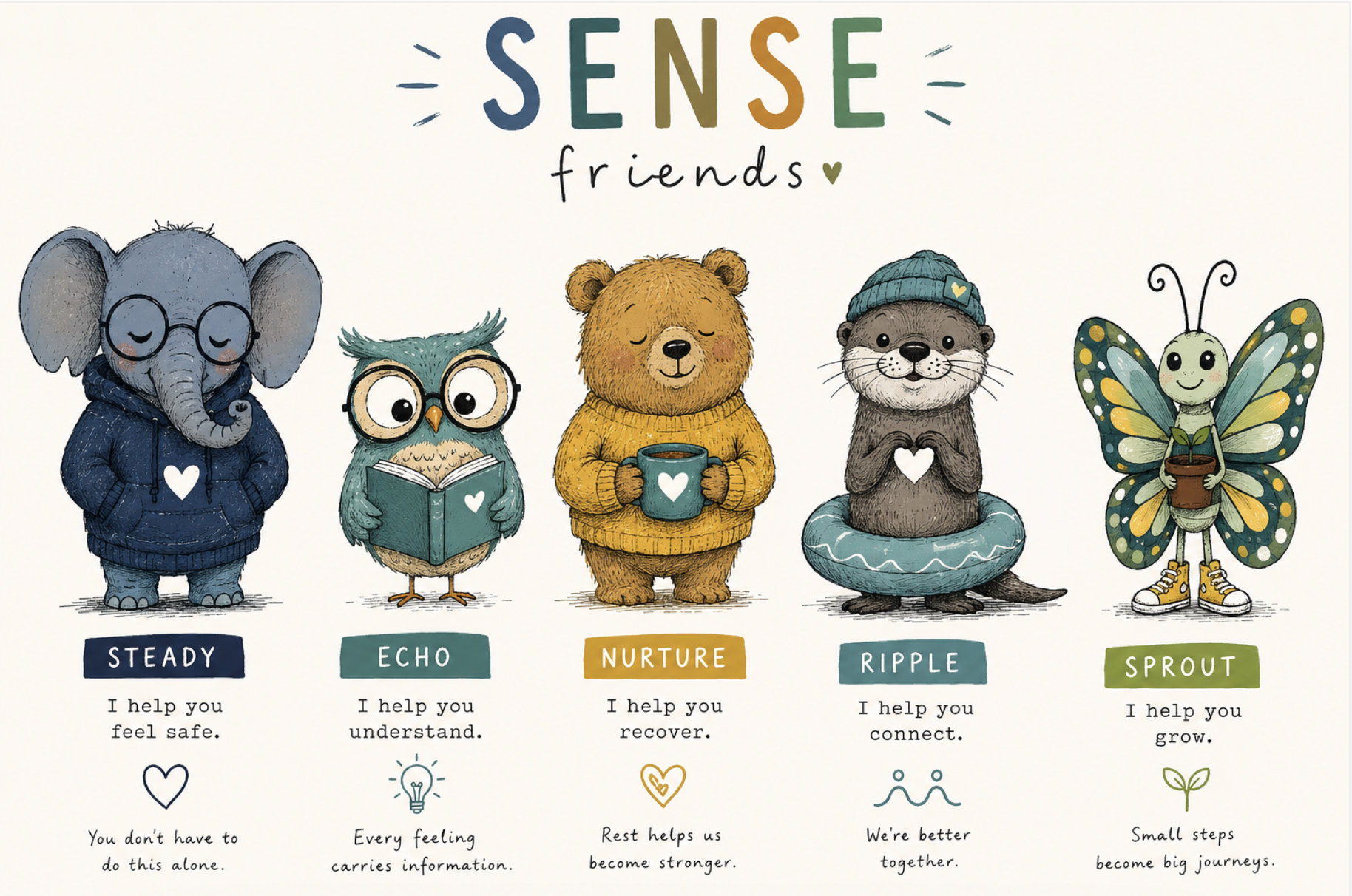 A colorful illustration of five cute animals standing in a row, each representing a different positive trait. From left to right: an elephant with glasses and a hoodie labeled 'Steady,' an owl with glasses and a book labeled 'Echo,' a bear holding a mug labeled 'Nurture,' a beaver wearing a beanie and a floaty labeled 'Ripple,' and a butterfly with a pot labeled 'Sprout.' The words 'SENSE friends' are at the top with each trait's name and description below.