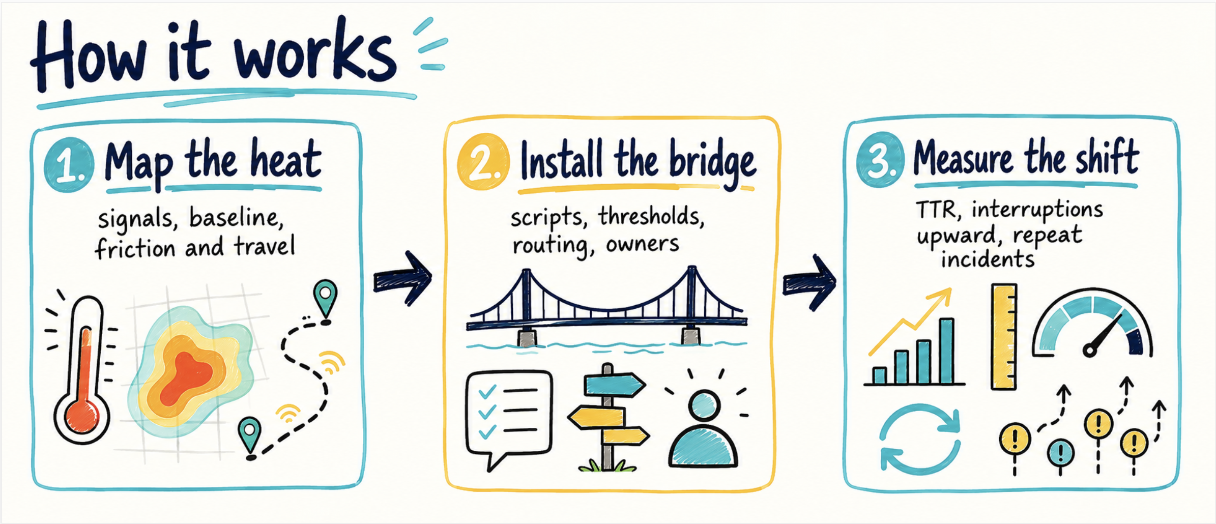 Infographic titled 'How it works' outlining three steps: 1) Map the heat with a thermometer and heat map graphics, 2) Install the bridge shown as a bridge image with scripts, thresholds, routing, and owners, 3) Measure the shift represented by bar graphs, gauges, and arrows indicating progress and incidents.
