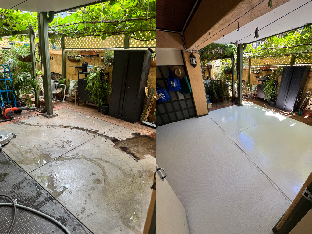 Side-by-side photos of a backyard patio before and after cleaning and resurfacing. The left shows a wet, stained concrete surface with gardening tools and plants, while the right shows a clean, smooth, light-colored patio surface.