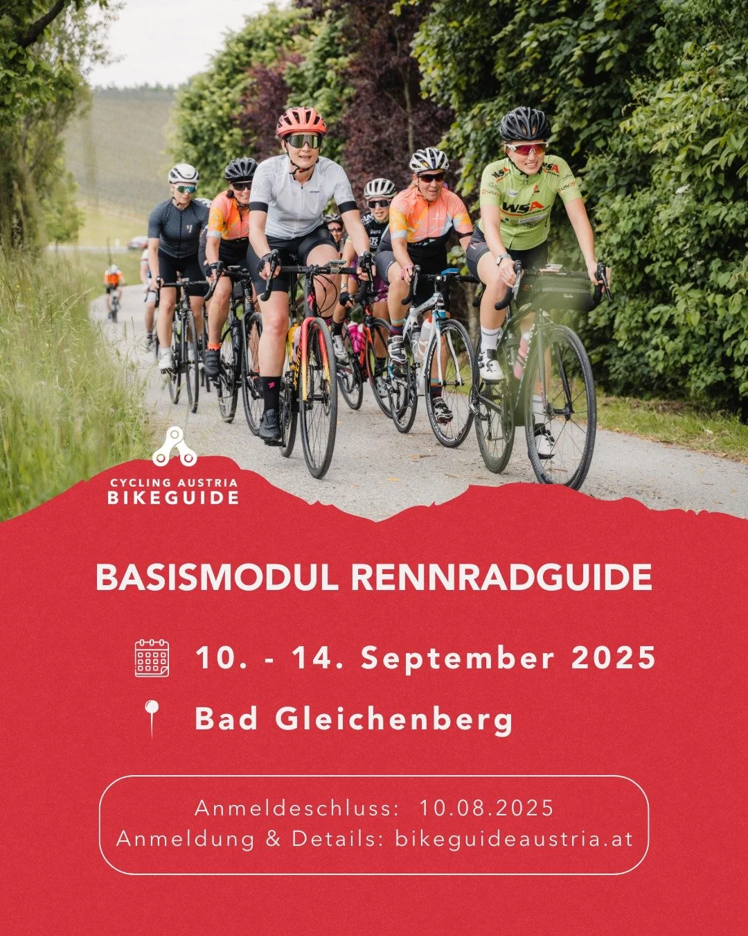 🚴&zwj;♀️ RennradGUIDE werden &ndash; mit Bikeguide Austria!

Du liebst es, mit dem Rennrad unterwegs zu sein, deine Leidenschaft zu teilen und m&ouml;chtest Gruppen professionell und sicher begleiten?
Dann sei dabei bei der n&auml;chsten Ausbildung 
