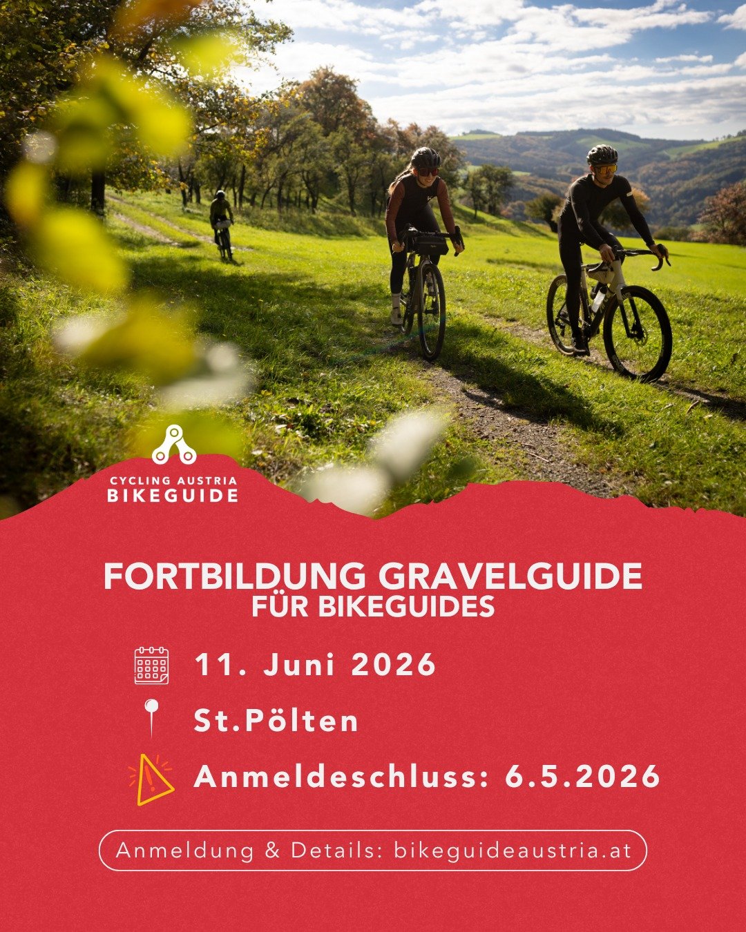 🚨 Letzte Chance: GravelGUIDE! 🚨

GravelGUIDE Fortbildung f&uuml;r BikeGUIDES

Du bist BikeGUIDE und m&ouml;chtest dich im Bereich Gravel weiterbilden? Dann nutze jetzt die Chance! 💥

👉 Was dich erwartet:
&bull; Sicheres F&uuml;hren von Gruppen au