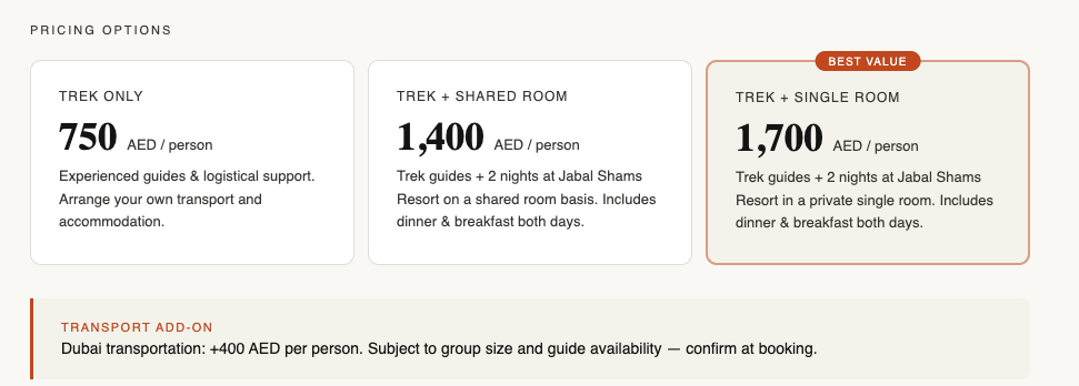 Jabal Shams pricing is flexible depending on single or shared hotel nights
