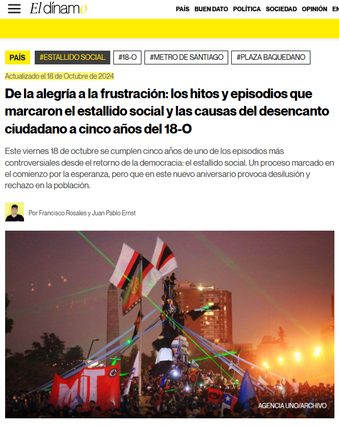 Entrevista en El Dínamo “De la alegría a la frustración: los hitos y episodios que marcaron el estallido social y las causas del desencanto ciudadano a cinco años del 18-O”