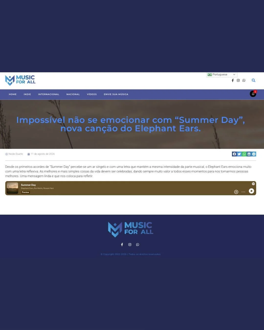 Thank you @musicforallmag  for the lovely review of Summer Day and for adding the song to your Indie Music For All playlist! ☀️🎶 Really appreciate the support for independent music.

You can hear Summer Day on the Indie Music For All playlist, along