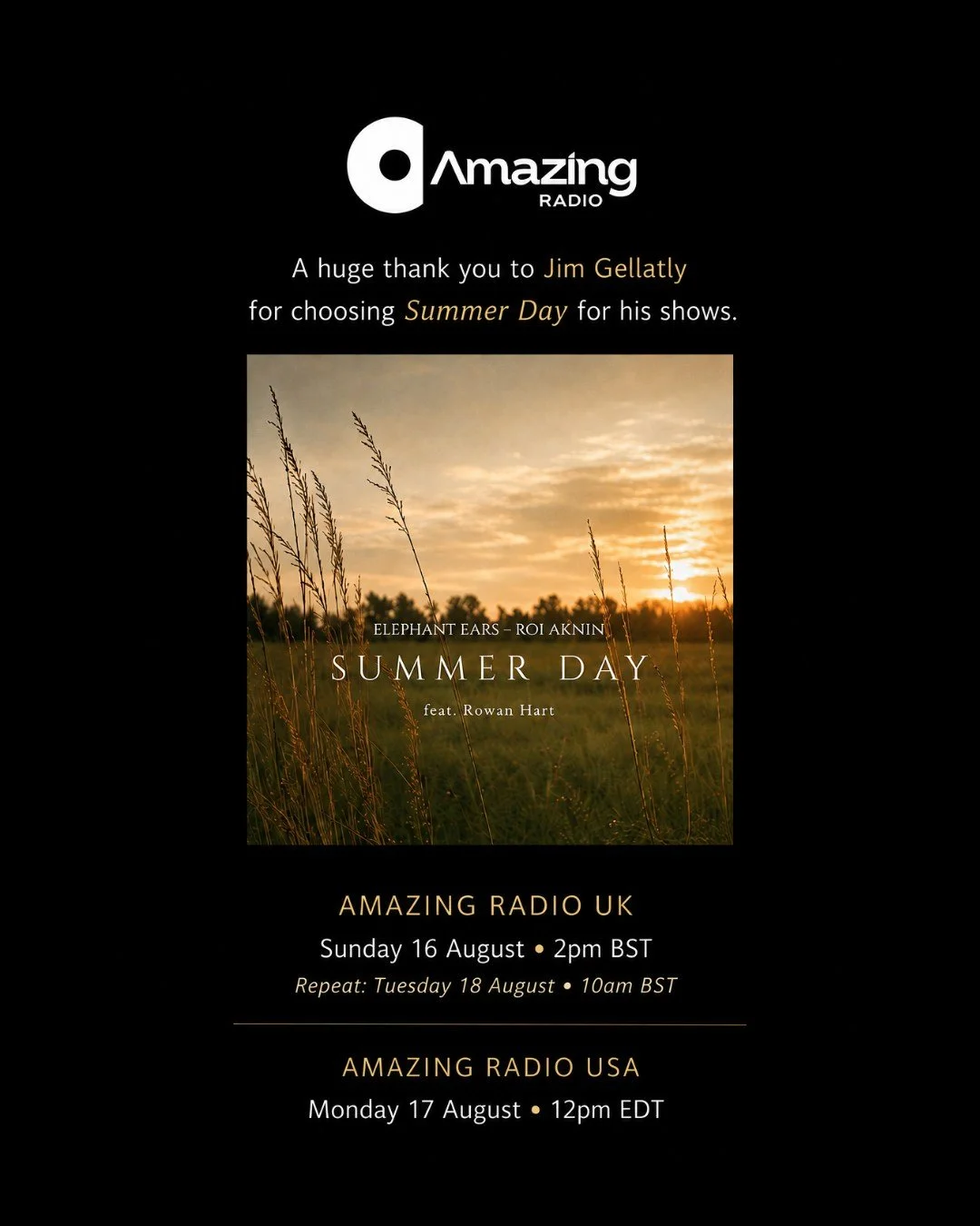 Lovely news for Summer Day! ☀️📻

A huge thank you to @jimgellatly  Jim Gellatly and Amazing Radio for choosing the song for his shows in both the UK and USA.

🇬🇧 Amazing Radio UK
Sunday 16 August &bull; 2pm BST
Repeat: Tuesday 18 August &bull; 10a