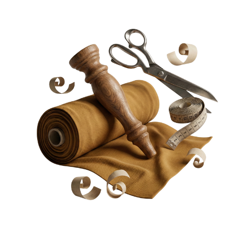 Leren stoffenrol, schaar, winkelwagentape en houten mal voor stoffenbewerking.