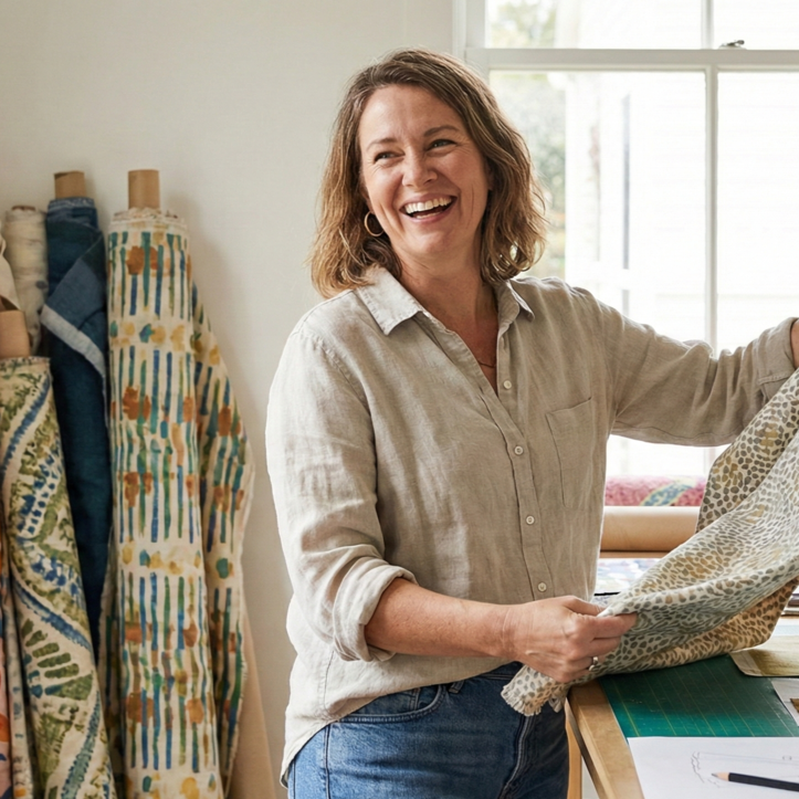 Vrouw in een naaibedrijf met gestoffeerde stoffen'en.