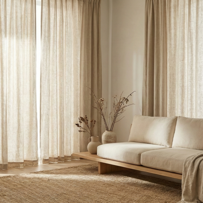 Een woonkamer met beige gordijnen, een witte bank, en vazen met takken op een salontafel.