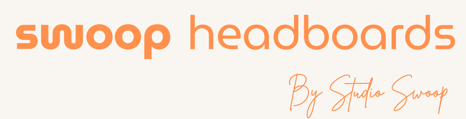 Logo met de tekst 'swoop headboards' en de ondertitel 'By Studio Swoop' in oranje en beige kleuren.