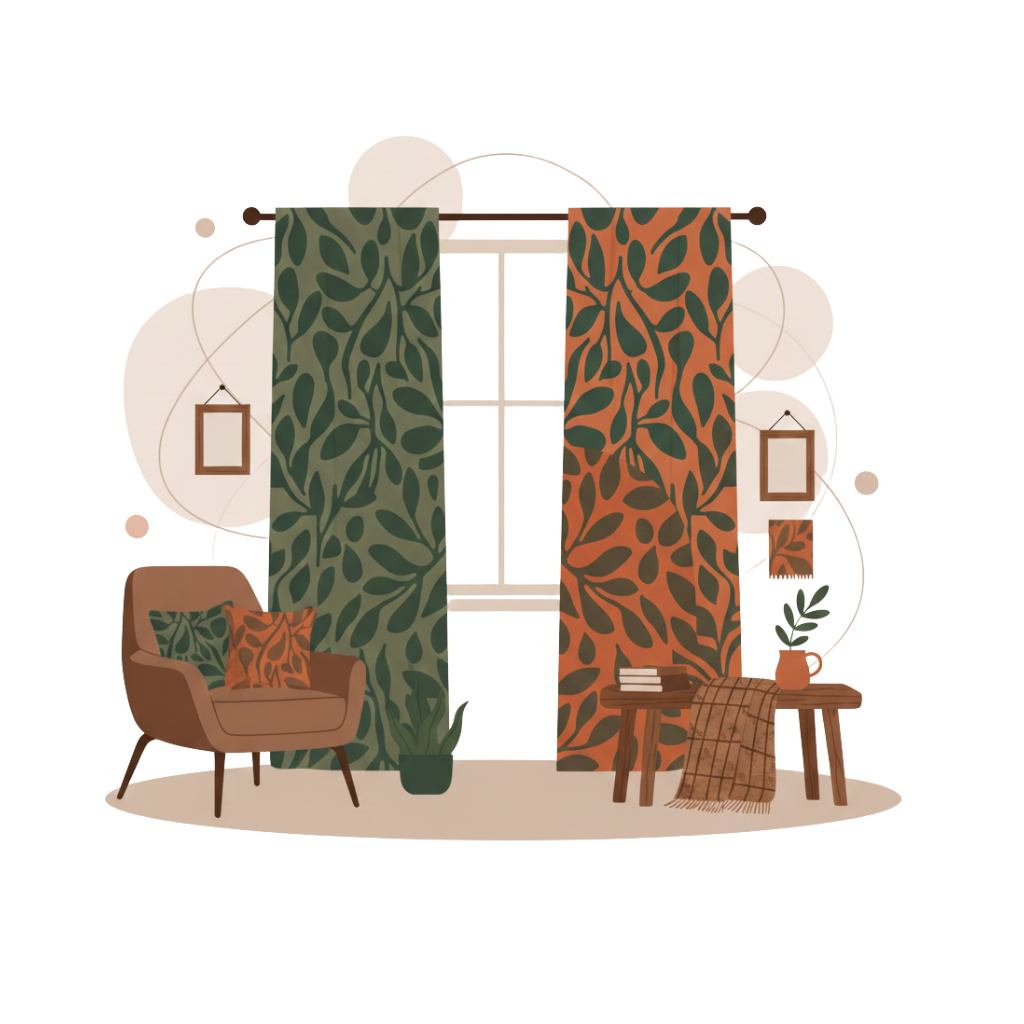 Een interieur van een woonkamer met twee vliesbehangpanelen met bladmotieven, een zachte bruine stoel met twee kussens, een houten salontafel met boeken, een plant en een plaid, een raam met gordijnen en decoratieve lijsten aan de muur.