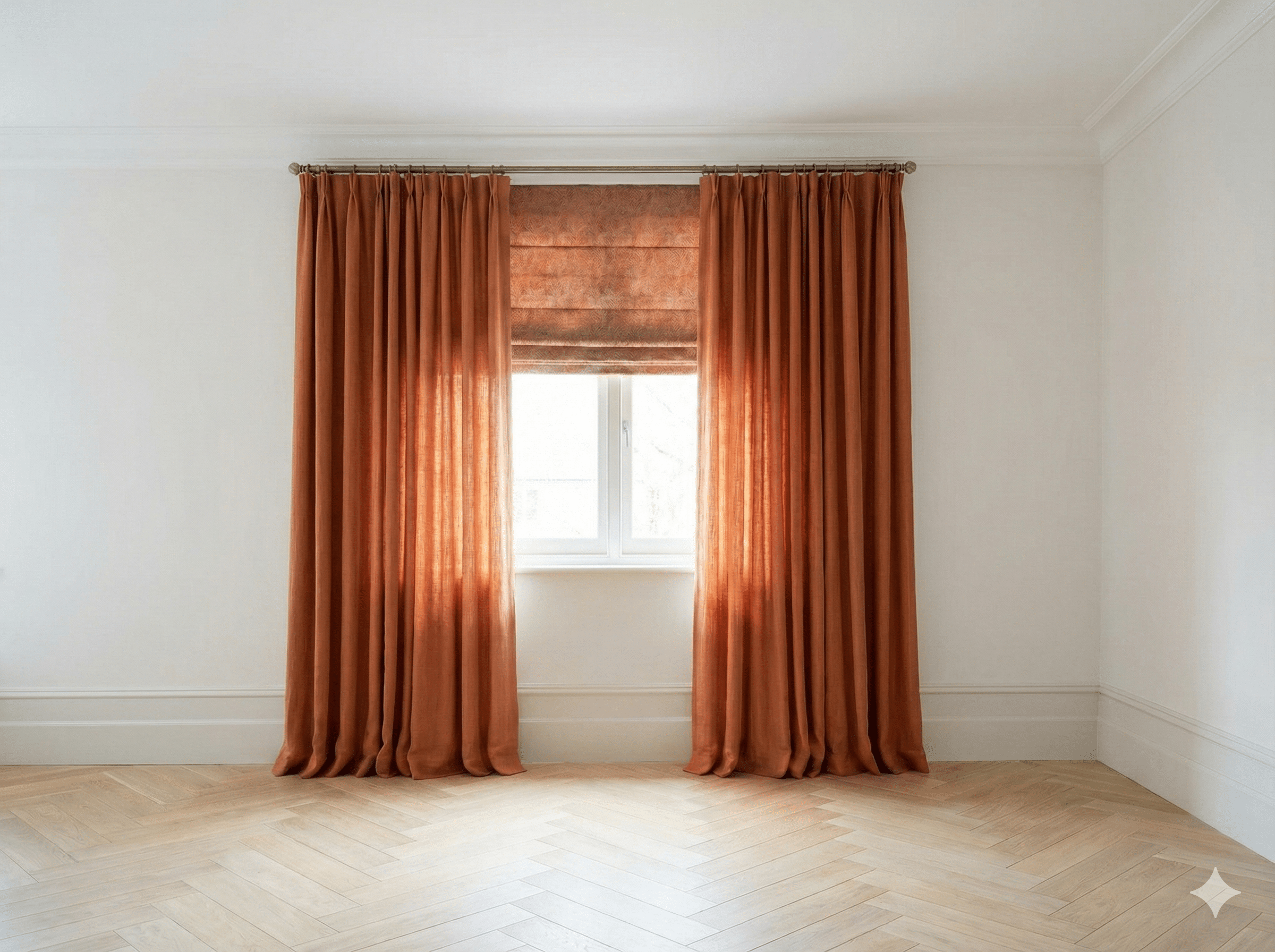 Leeg kamertje met een raam en gedrapeerde oranje gordijnen.