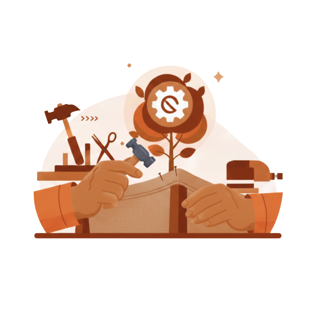 Illustratie van een persoon die een wortelboom plant, met gereedschap en een visueel element dat technologie of technologie-integratie vertegenwoordigt.