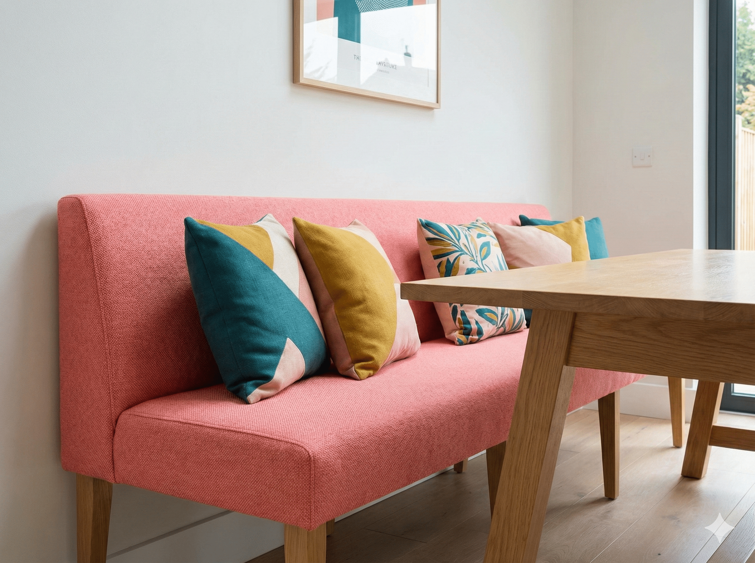 Een rieten bank met een roze bekleding en zeven kleurrijke kussens in een lichte kamer met houten vloer en een grote raamdeuren.