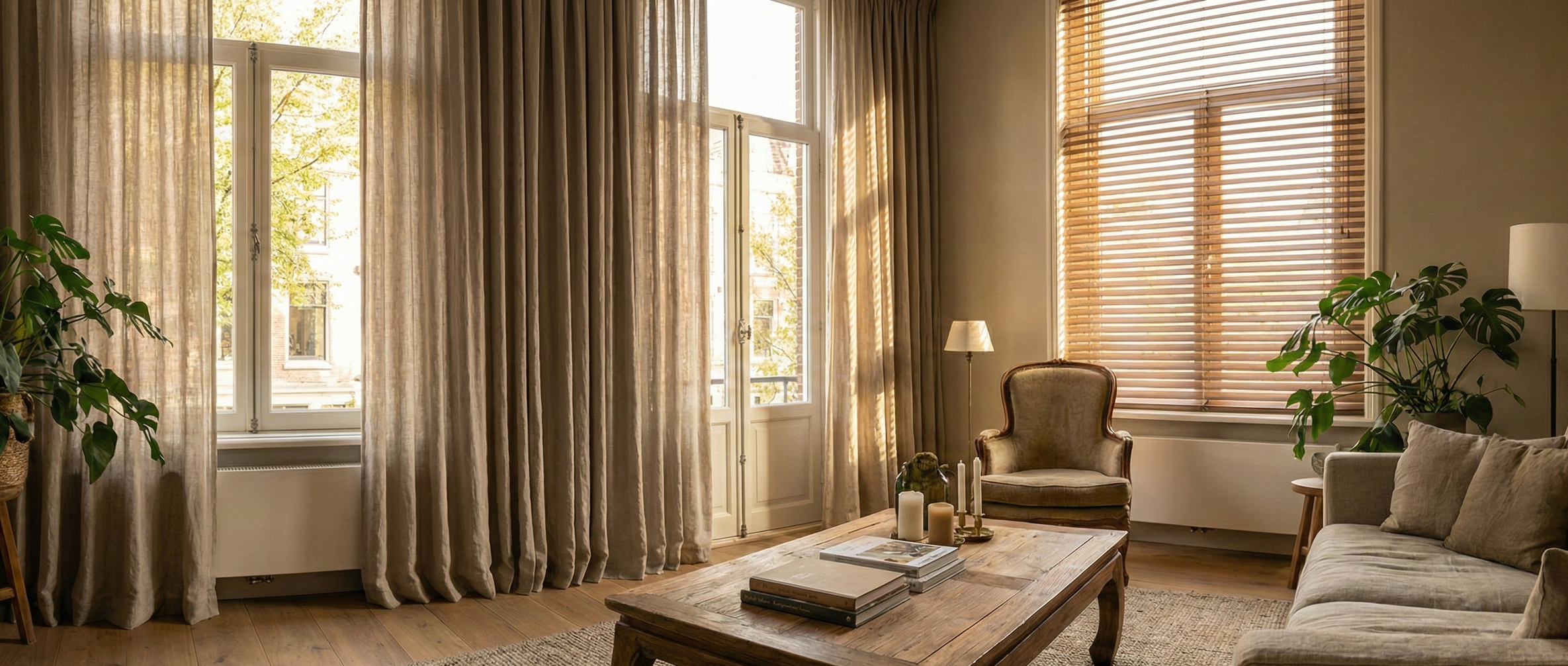 Een woonkamer met grote ramen, beige gordijnen en houten vloeren. Er staat een houten salontafel met boeken en kaarsen, een vintage armstoel, een beige bank met kussens en groene planten naast een lamp.