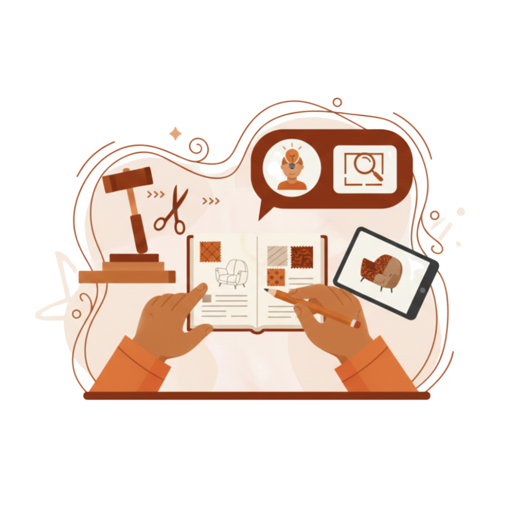 Illustratie van een persoon die een interieurontwerpboek bekijkt, met een tablet dat een fauteuil toont, en verschillende iconen en voorbeelden van stoffen en een pen.