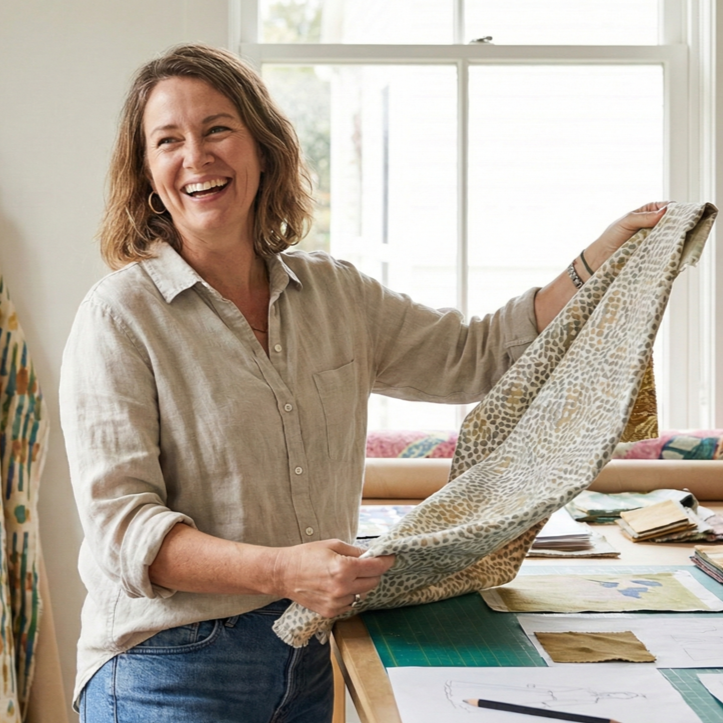 Vrouw die op een tafel zit en stofmonsters vasthoudt, met een raam en stoffenrollen op de achtergrond.