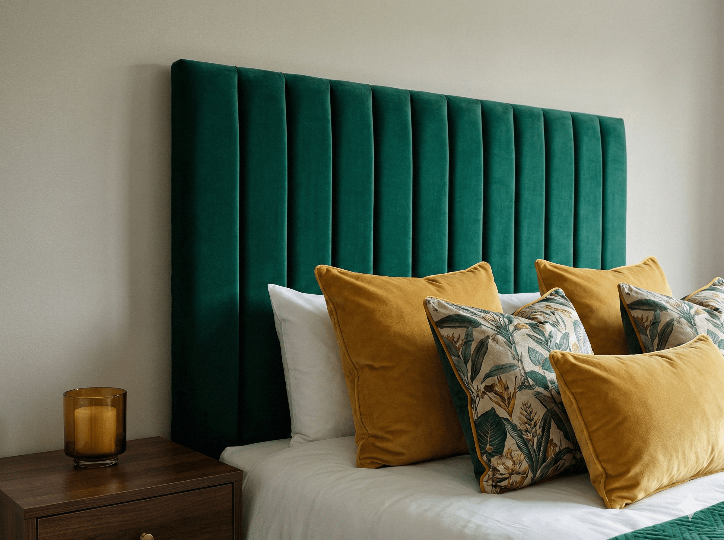 Een slaapkamer met een groene hoofdbord, een nachtkastje met een bruin glas en beddengoed met gele en met een bladprint beddengoed en kussens.