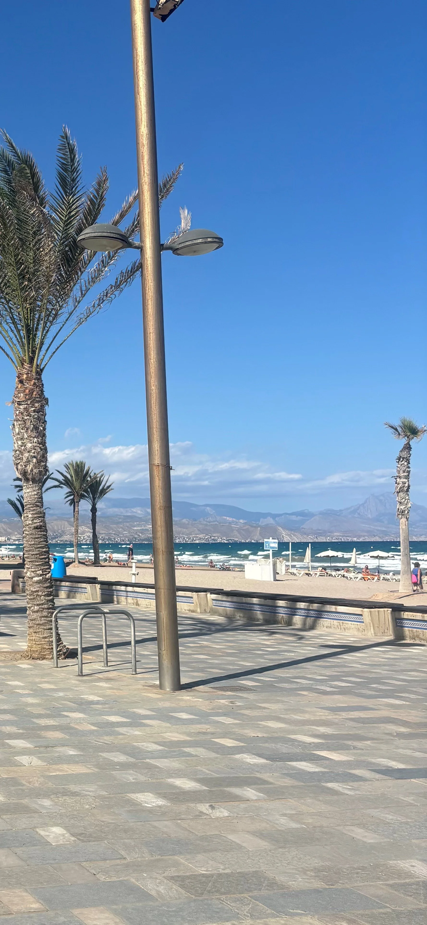 Beach scene with palm trees, a paved walkway, and beach umbrellas by the ocean, mountains in the background, and a clear blue sky.
