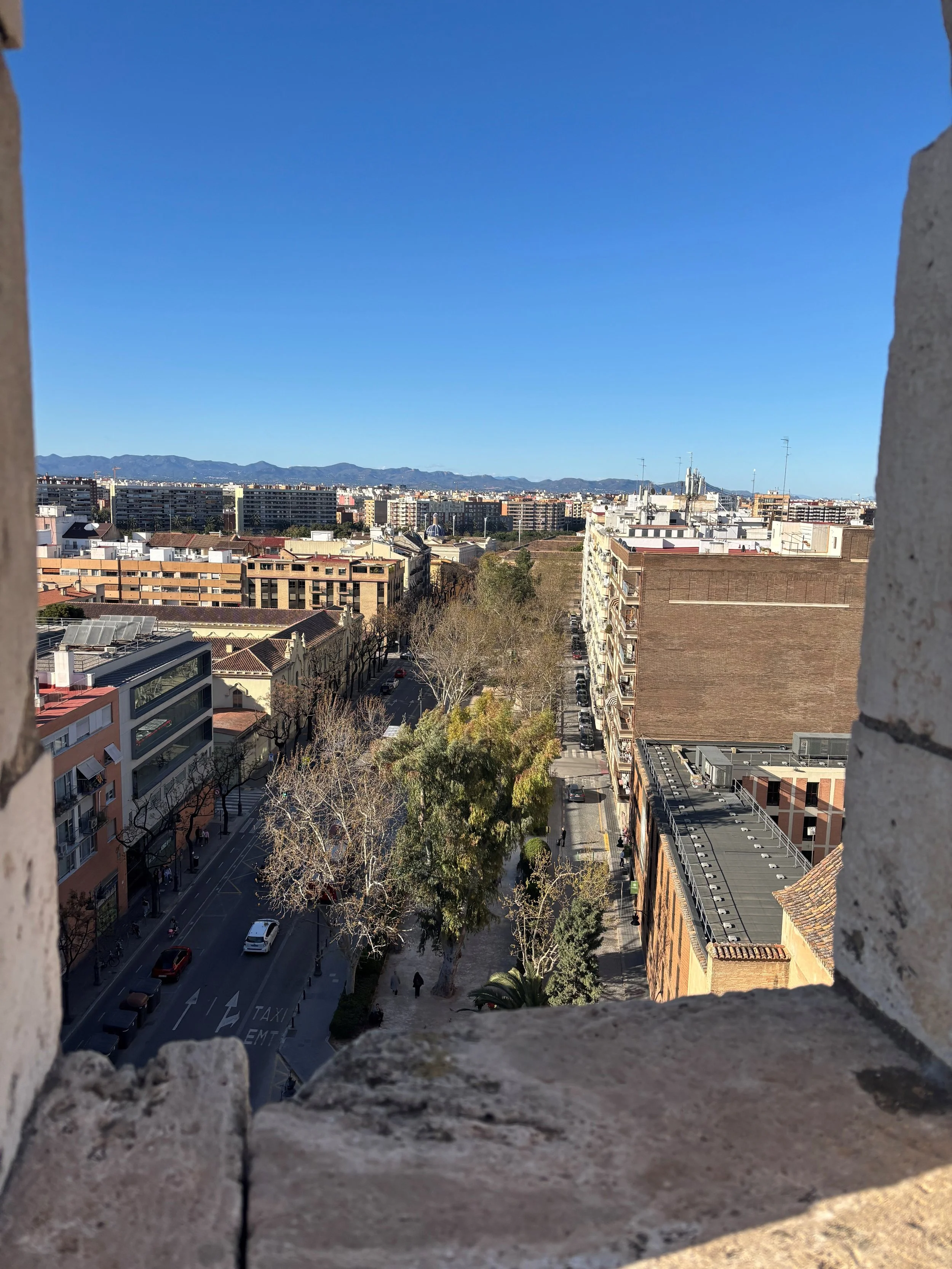 Urban cityscape viewed from a window with brick framing, showing buildings, trees, and distant mountains under a clear blue sky.