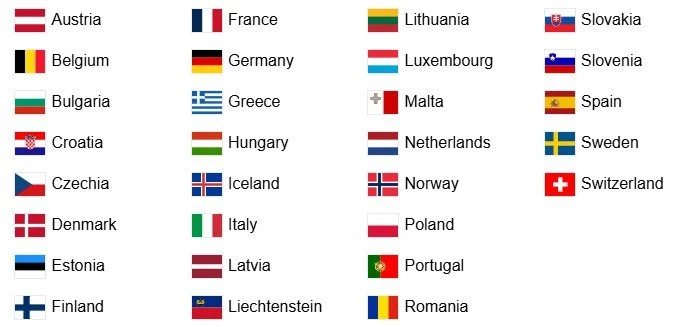 A grid of country flags and names of European countries including Austria, Belgium, Bulgaria, Croatia, Czechia, Denmark, Estonia, Finland, France, Germany, Greece, Hungary, Iceland, Italy, Latvia, Liechtenstein, Lithuania, Luxembourg, Malta, Netherlands, Norway, Poland, Portugal, Romania, Slovakia, Slovenia, Spain, Sweden, Switzerland.