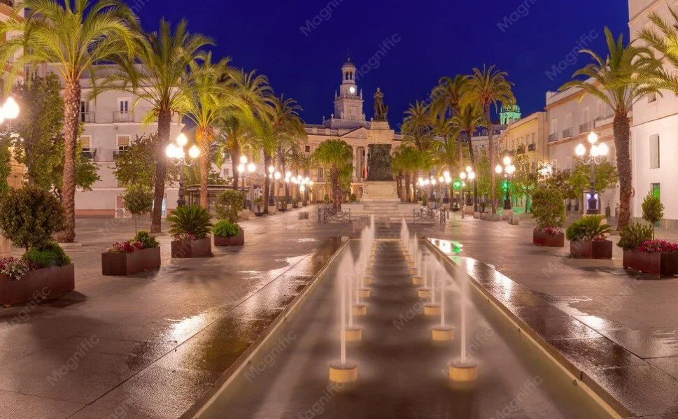Nighttime view of a city square with palm trees, lampposts, a fountain with water jets, and a historical building in the background.