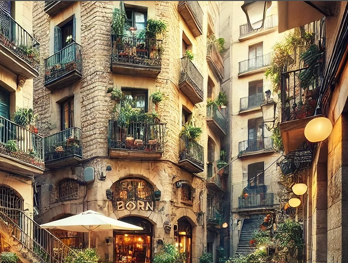 A narrow European courtyard with old stone buildings, balconies with plants, and a small shop entrance labeled 'BORN' at the bottom center, illuminated by warm lighting.